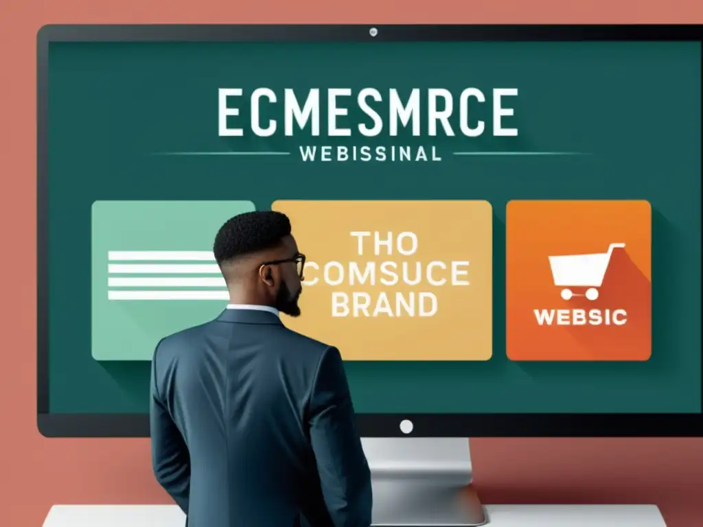 Persona profesional frente a un sitio web de eCommerce, rodeada de elementos de branding