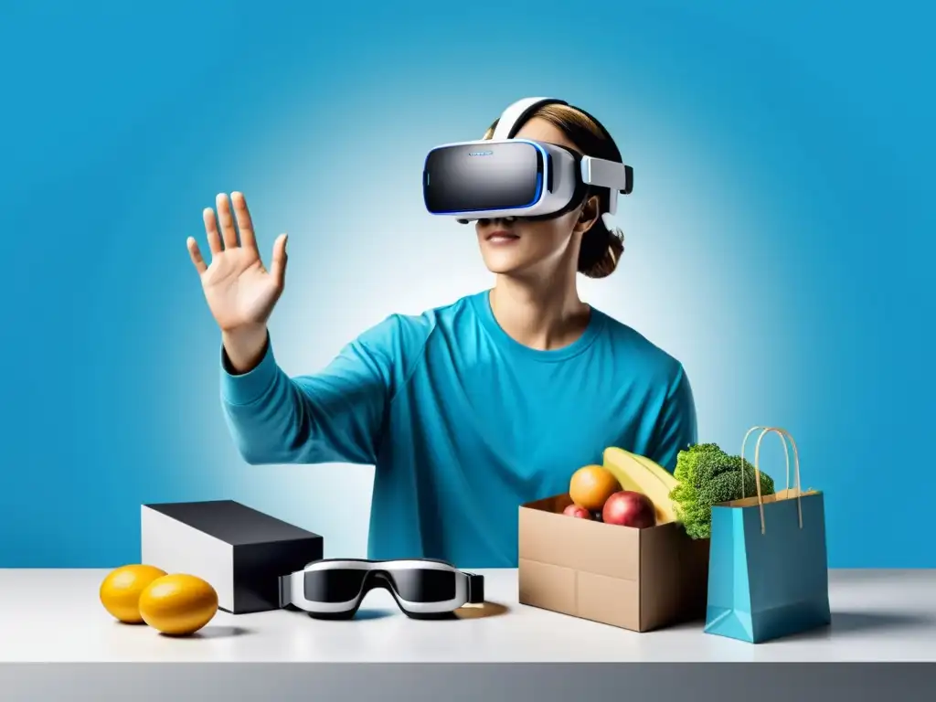 Persona en realidad virtual interactuando con compras digitales en ambiente futurista y profesional