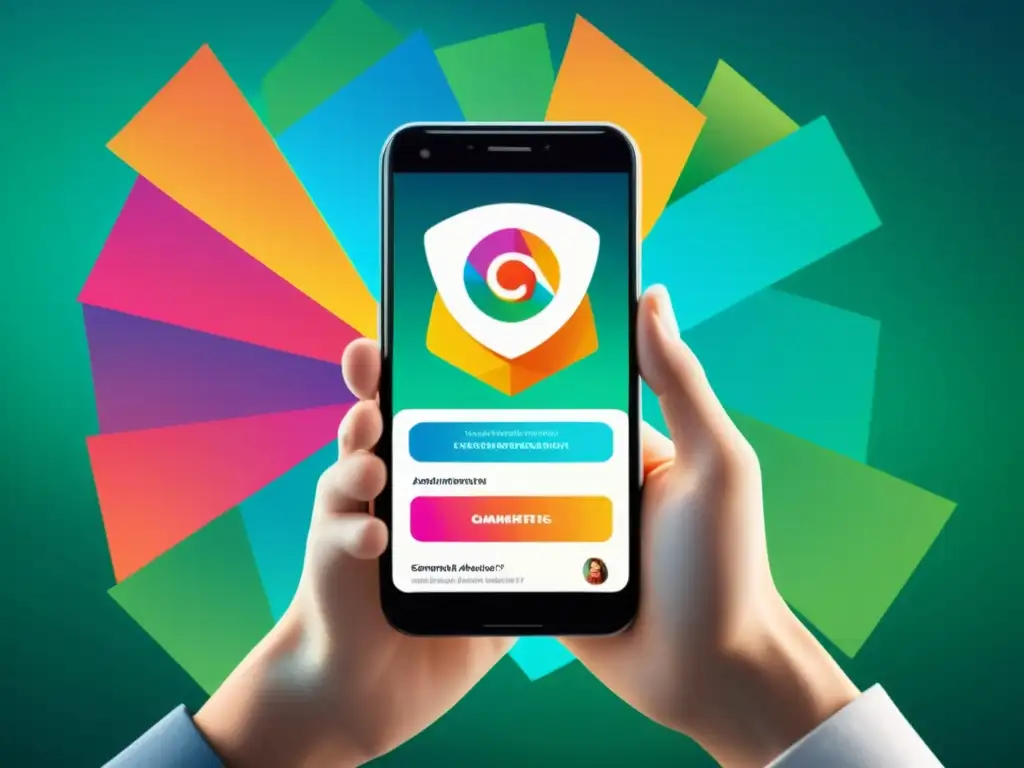 Persona reflexiva sosteniendo smartphone con publicidad gamificada, rodeada de elementos vibrantes