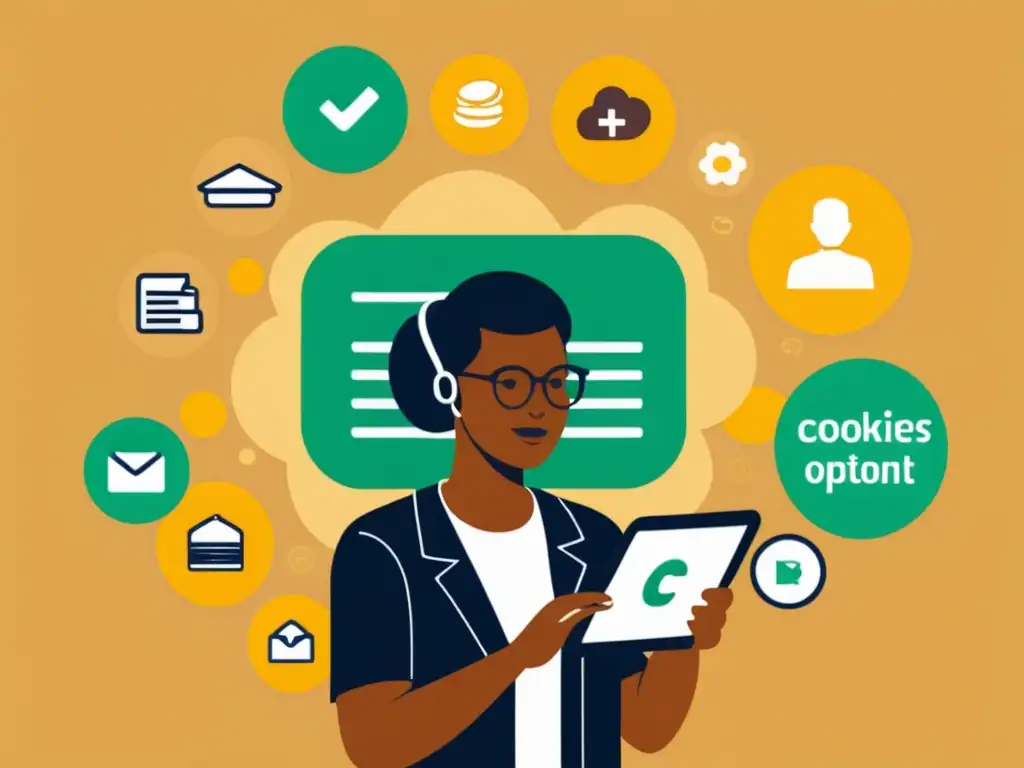 Persona reflexiva sosteniendo tablet con opciones de consentimiento, rodeada de íconos de gestión consentimiento ecommerce estrategias
