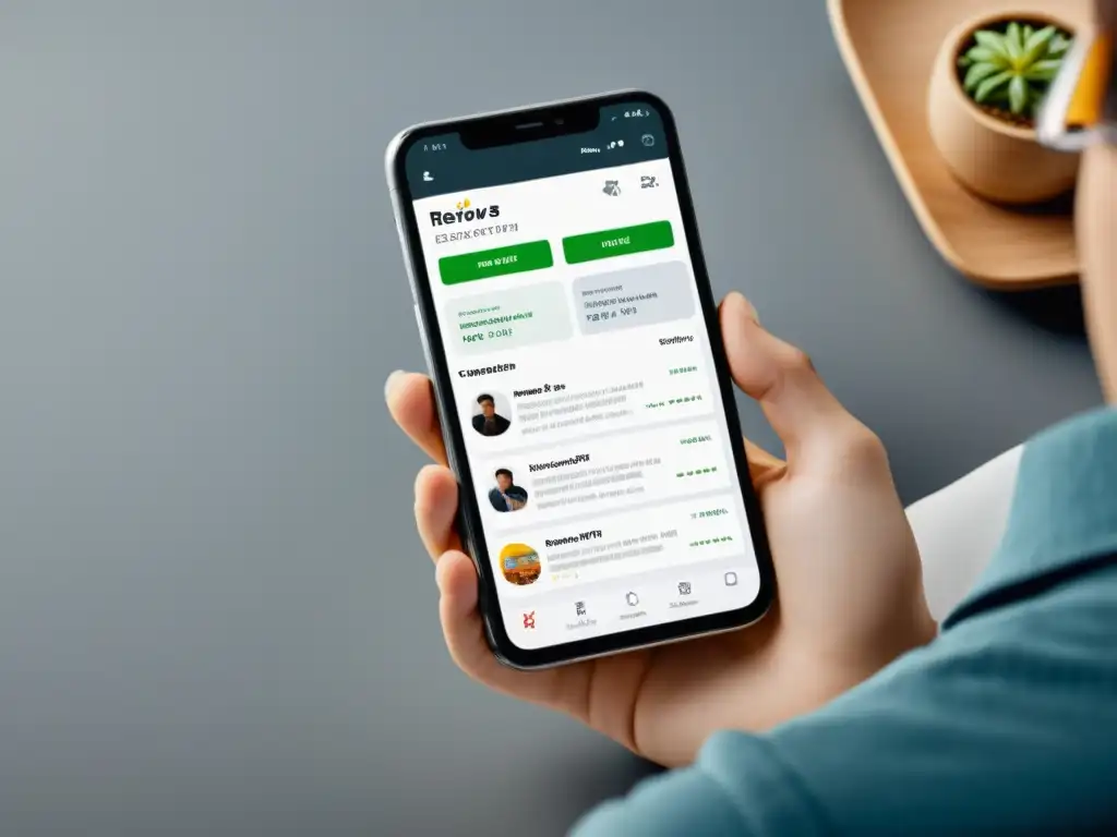 Persona revisando reseñas de compra en smartphone, ambiente minimalista y profesional