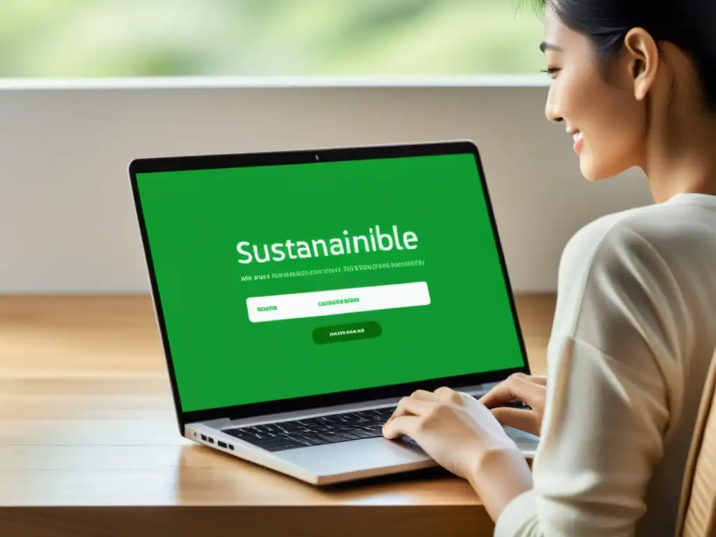 Persona responsable comprando productos ecofriendly en ecommerce sostenible con laptop