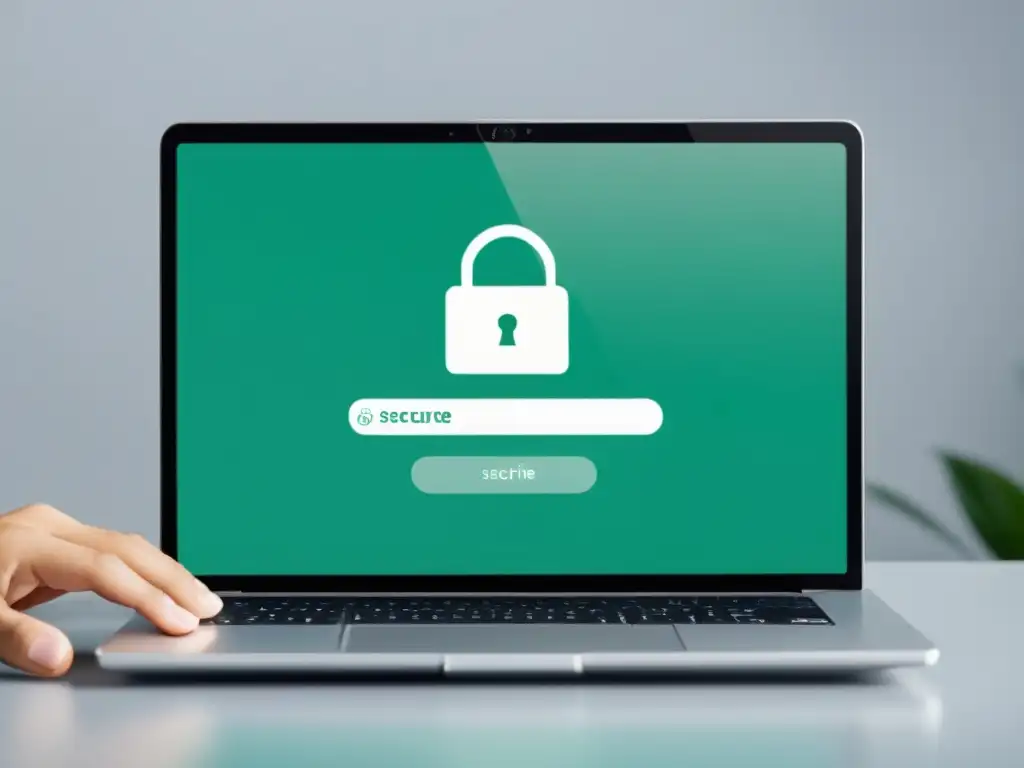 Persona segura navegando en laptop moderna con protección contra phishing en comercio electrónico