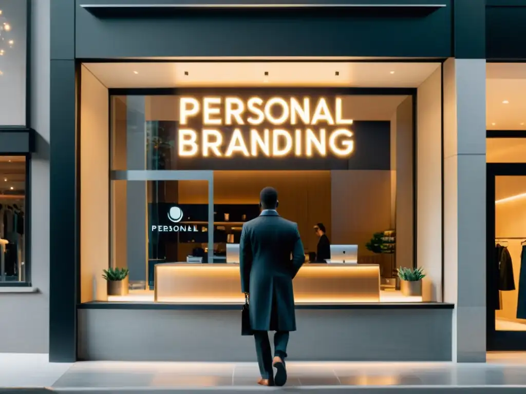 Una persona segura y profesional frente a una tienda moderna, con 'Personal Branding' en el escaparate