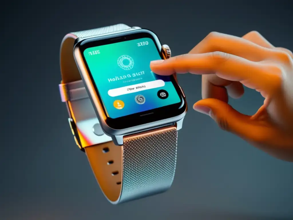 Persona usando smartwatch para acceder a cartera digital futurista con hologramas de criptomonedas