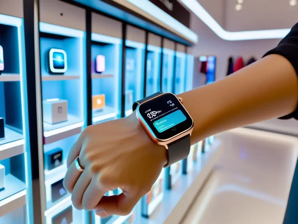 Persona usando smartwatch para compras en línea a través de wearables en tienda futurista llena de tecnología avanzada y pantallas holográficas