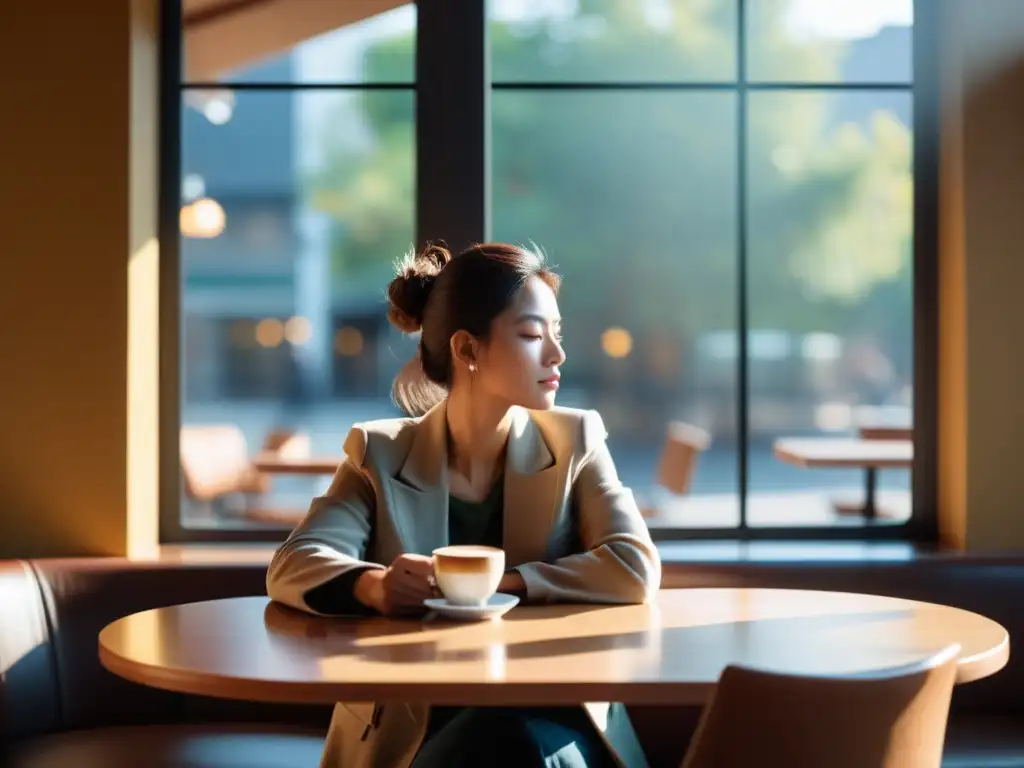 Persona solitaria en café, mirando por la ventana con expresión reflexiva