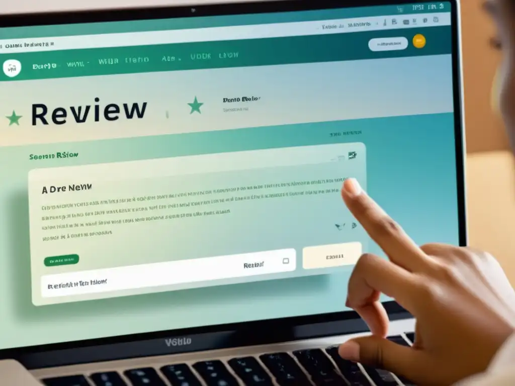 Una persona escribe en un teclado frente a una pantalla con una página web de reseñas