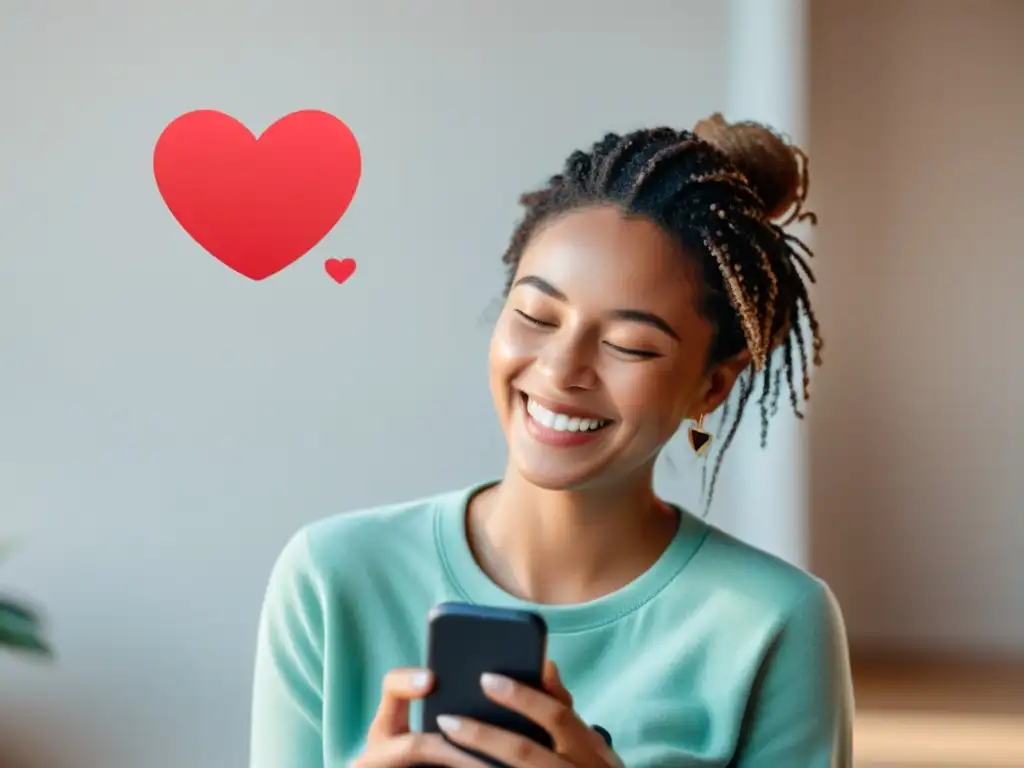 Una persona sonríe genuinamente mirando su teléfono rodeada de emojis y comentarios positivos en redes sociales