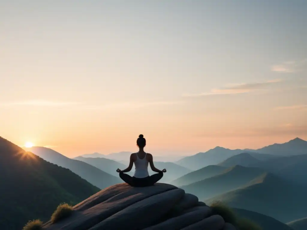 Persona practicando yoga al amanecer en la cima de una montaña, transmitiendo calma y equilibrio