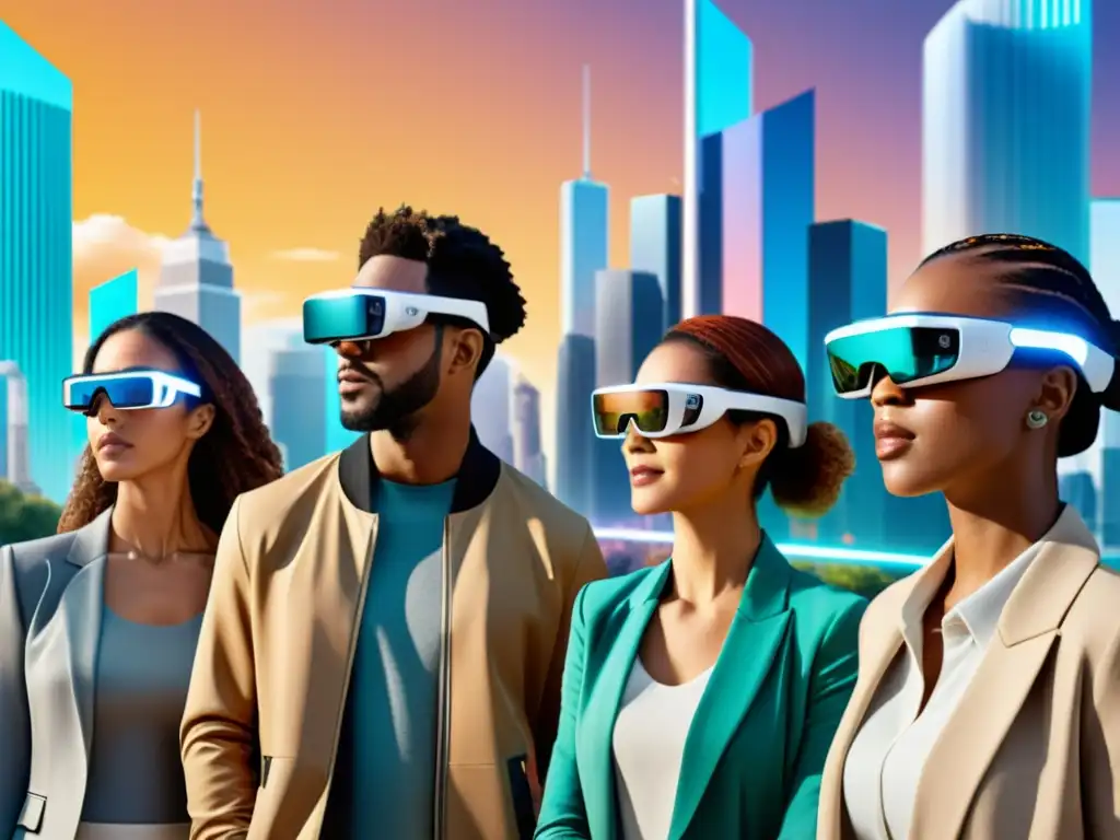 Personas usando gafas de realidad aumentada en futurista ciudad digital