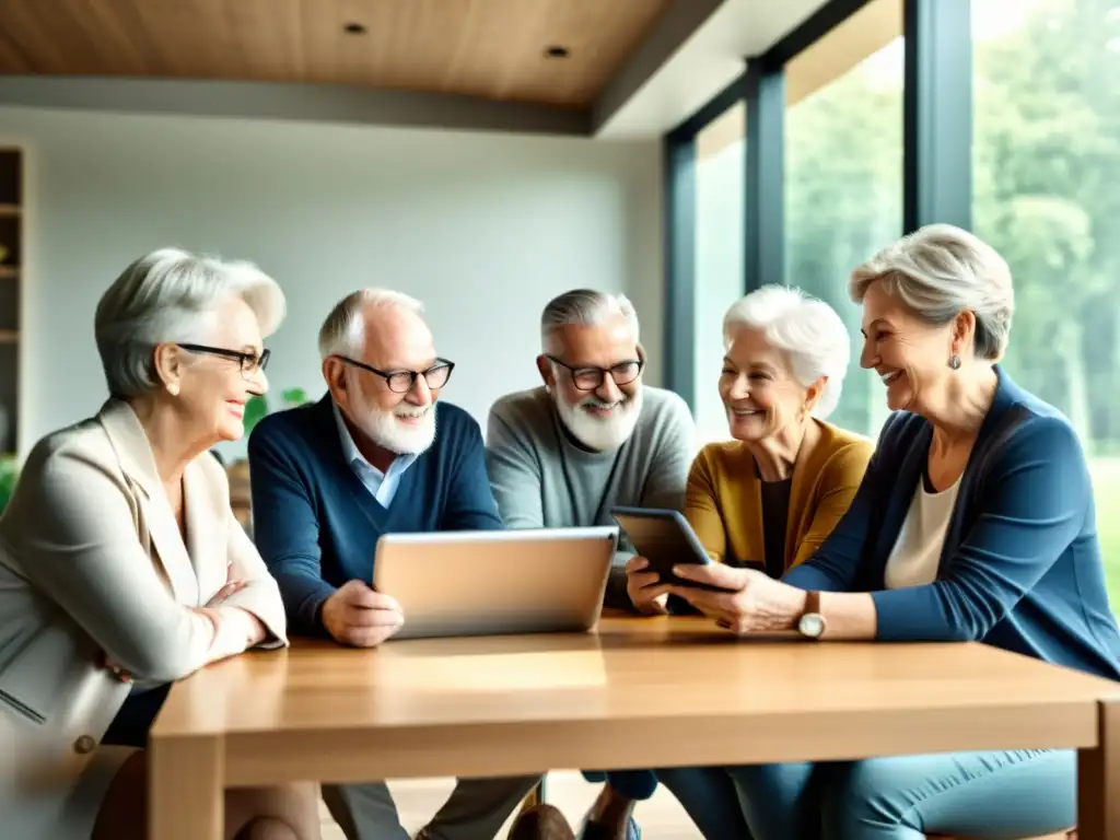 Personas mayores independientes realizando compras en línea y gestionando sus finanzas en una sala luminosa