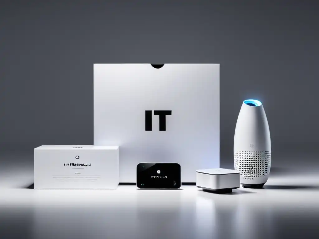 Innovación en la presentación de productos IoT: Experiencia minimalista de desempaquetado con iluminación suave y diseño futurista