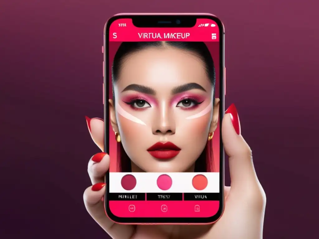 Probadores virtuales de maquillaje online en smartphone, con interfaz sofisticada y colores realistas