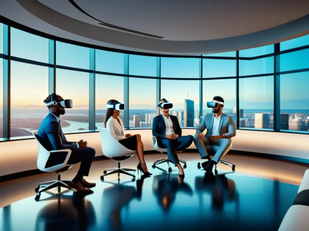 Profesionales entusiasmados usan auriculares de realidad virtual en una sala de conferencias moderna