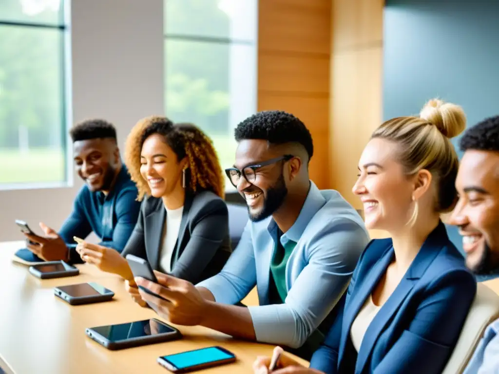 Profesionales y estudiantes participan en gamificación en redes sociales en aula moderna, iluminada y minimalista, mostrando engagement y sonrisas