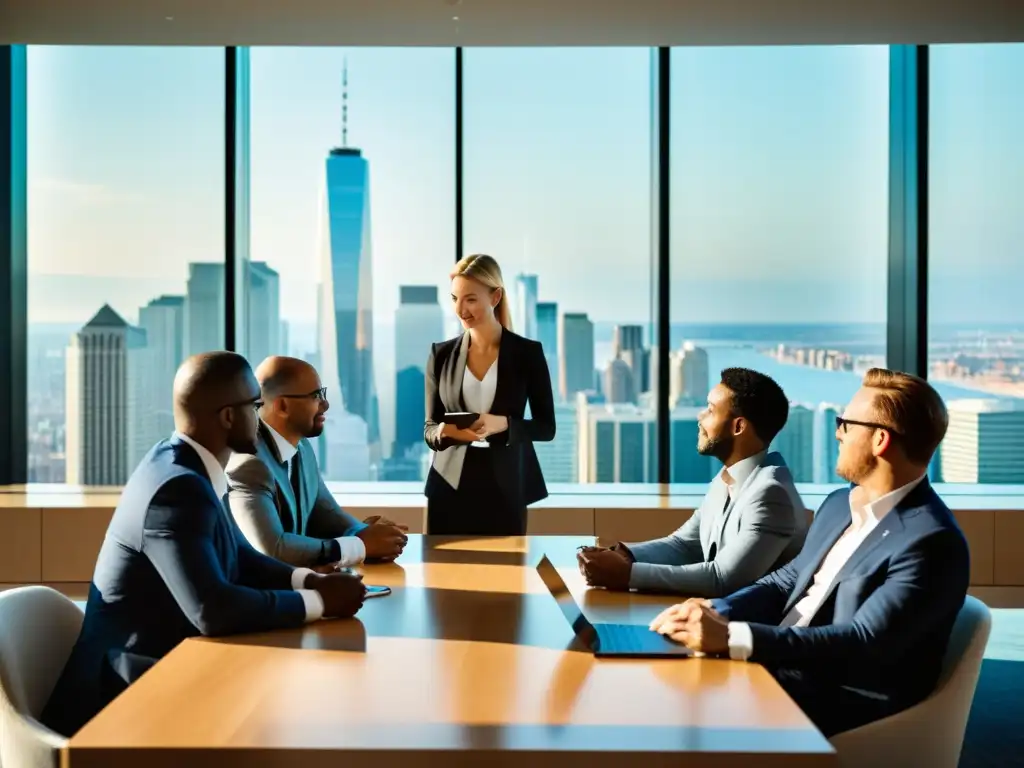 Profesionales internacionales se reúnen en una sala de juntas moderna, discutiendo estrategias para entrar al mercado americano