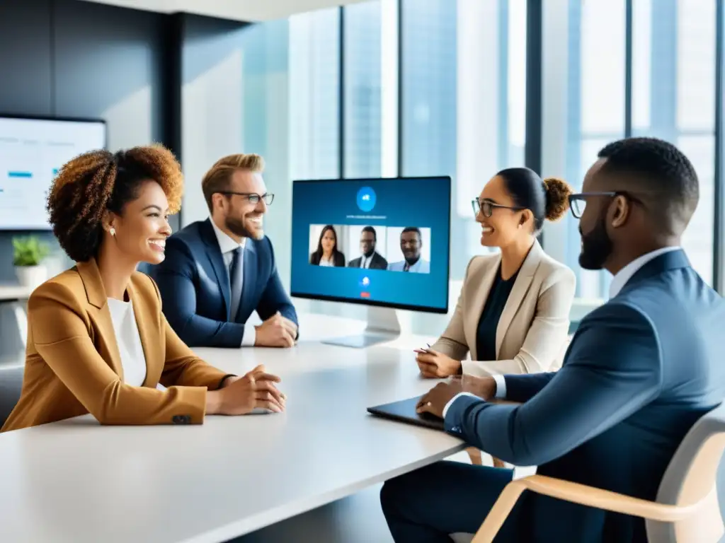 Profesionales colaborando en reunión virtual, ambiente moderno y colaborativo