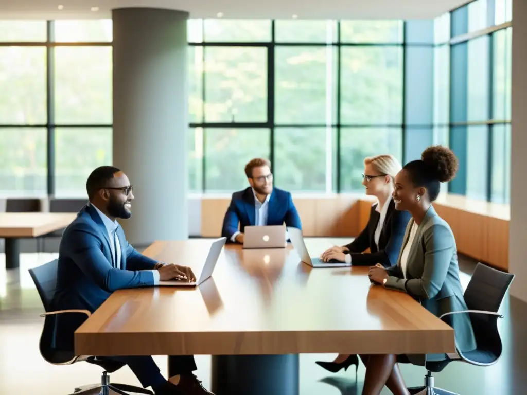 Profesionales en reunión estratégica alrededor de una mesa moderna y luminosa