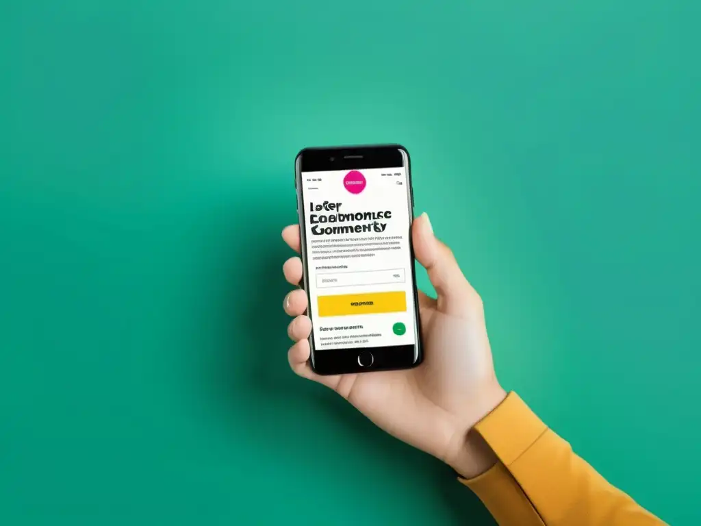 Publicidad móvil para clientes online: Imagen minimalista de un smartphone mostrando una web de ecommerce con diseño moderno y productos vibrantes