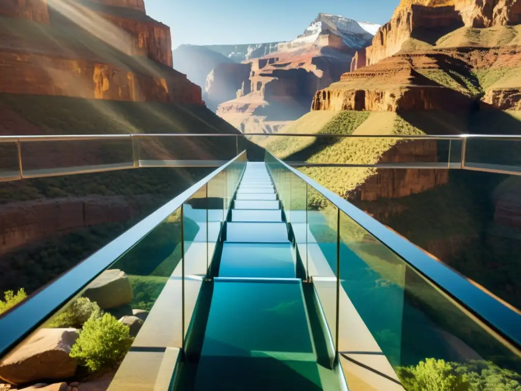 Un puente de cristal transparente sobre un cañón profundo, con luz solar creando patrones de luz y sombra en las rocas