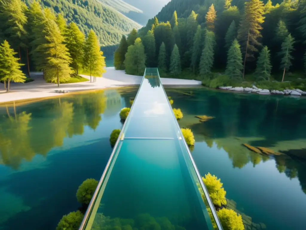 Un puente de vidrio transparente sobre un lago sereno, con un brillo dorado en el agua