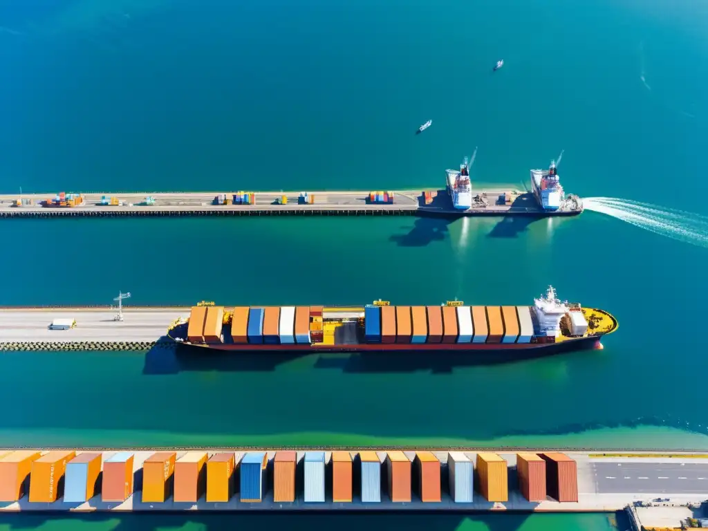 Un puerto de envío moderno y eficiente, con contenedores ordenados en patrones geométricos, rodeado de aguas tranquilas y cielo azul