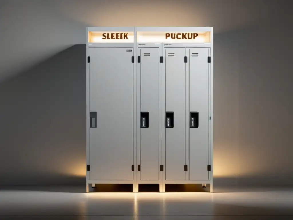 Puntos de recogida en comercio electrónico: Moderno sistema de lockers blancos con iluminación cálida, minimalista y funcional