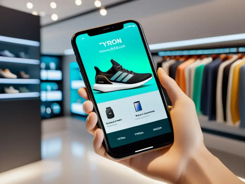 Realidad aumentada en ecommerce personalización: Smartphone muestra app de prueba virtual de ropa y accesorios