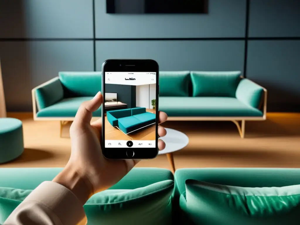 Realidad Aumentada en Comercio Electrónico: Smartphone muestra visualización de mueble virtual en sala minimalista bien iluminada