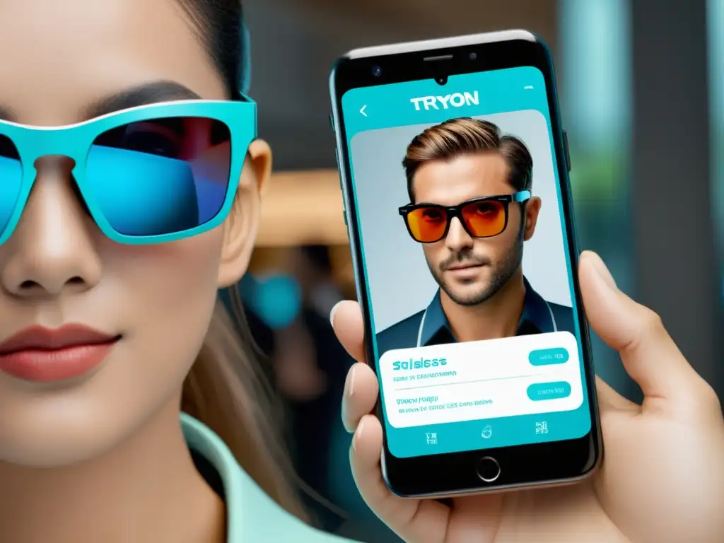 Realidad aumentada para ecommerce: Imagen minimalista de un móvil con app de prueba virtual de gafas, integrando AR en compras online