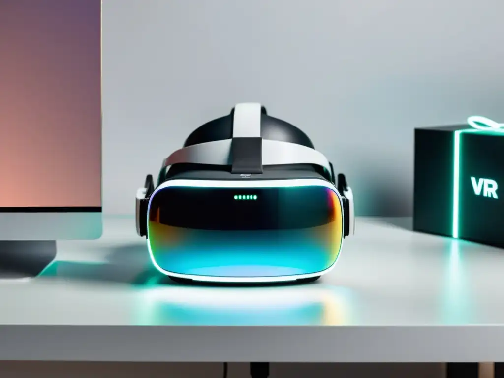 Realidad aumentada en ecommerce: interfaz minimalista de tienda online con visor VR y proyección holográfica de producto 3D en escritorio blanco