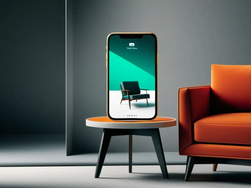 Realidad aumentada para ecommerce: Smartphone muestra visualización realista de mueble de alta gama en entorno real