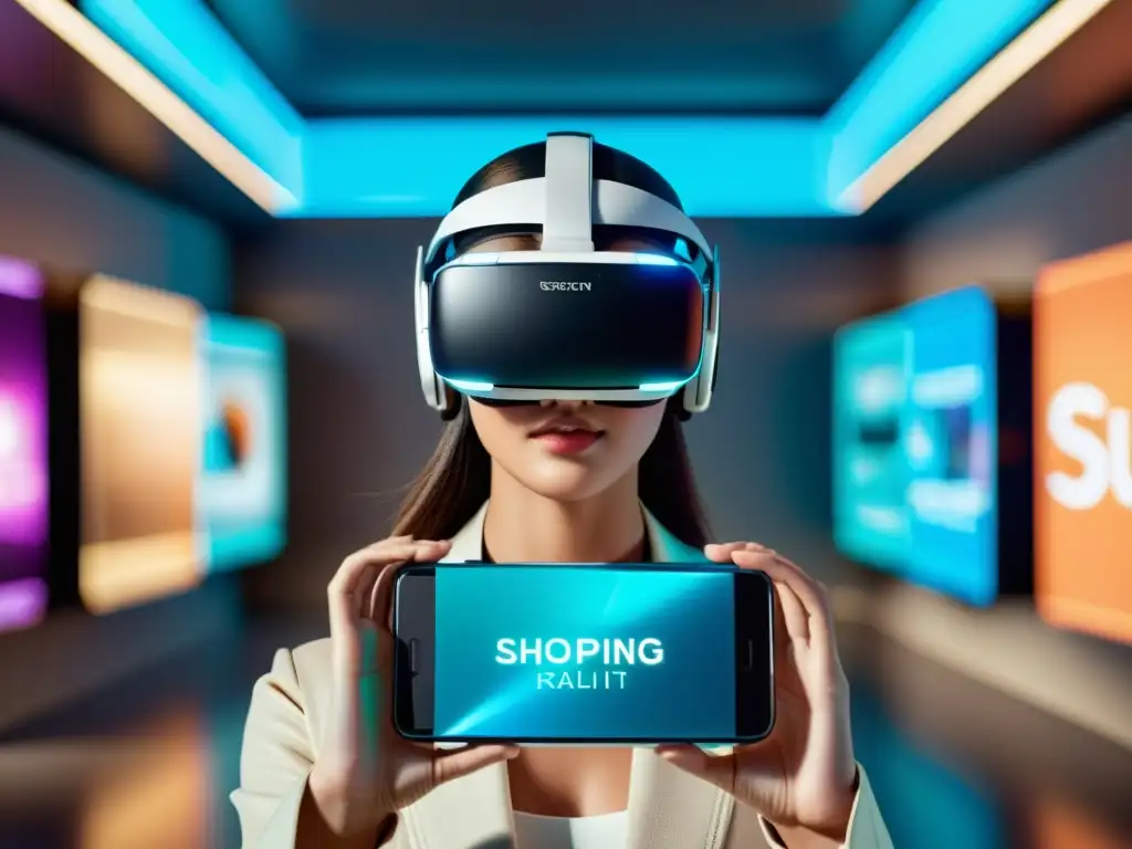 Realidad aumentada e inteligencia artificial en comercio electrónico: Imagen futurista de auriculares de realidad virtual y smartphone con app de compras, junto a productos holográficos