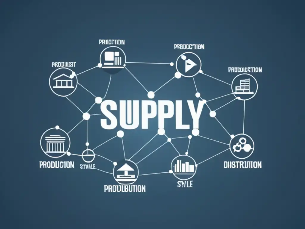 Una red de cadena de suministro minimalista con nodos interconectados que representan diversas etapas de producción y distribución