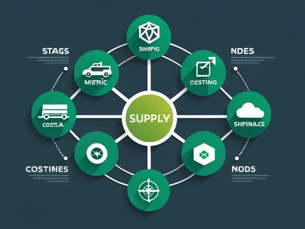 Una red de cadena de suministro con nodos interconectados y visualizaciones de datos que representan la medición efectiva del desempeño en logística de envíos