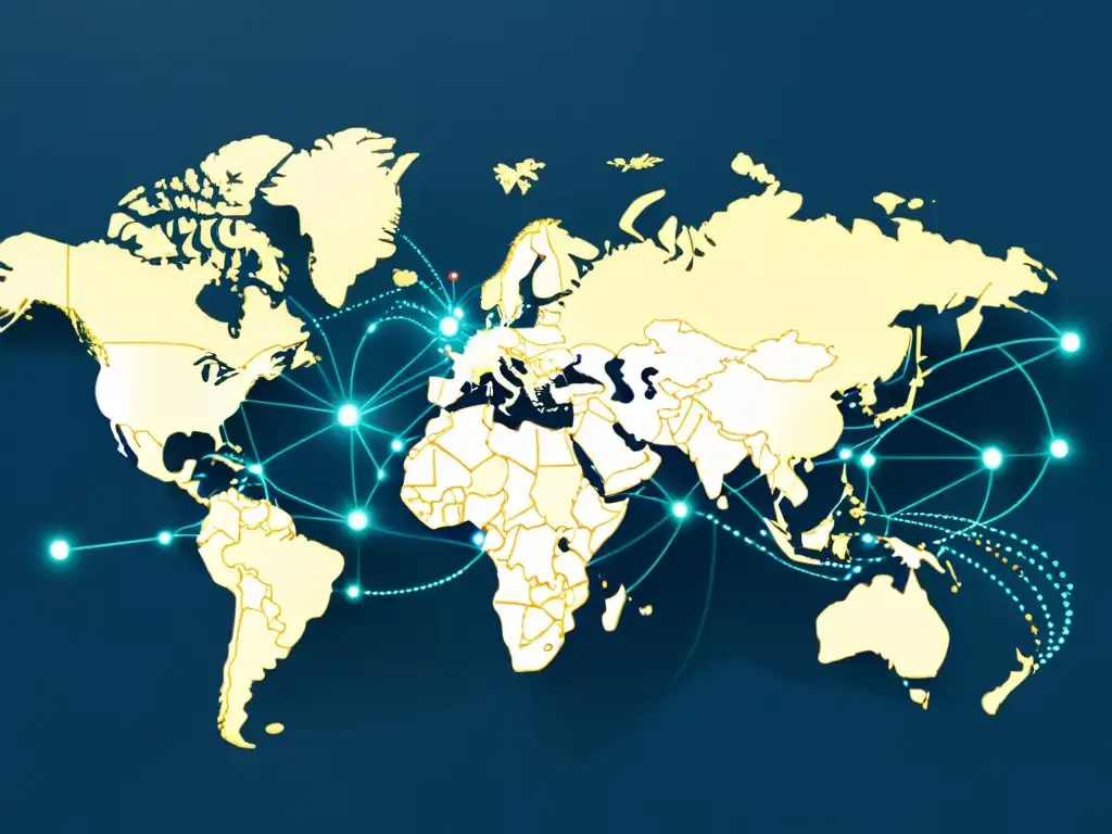 Una red global de logística en comercio electrónico transfronterizo, con nodos interconectados y rutas de transporte eficientes