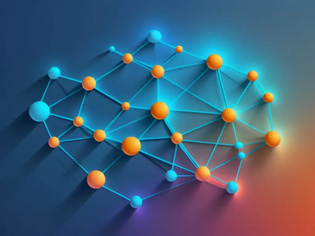 Una red interconectada de líneas y nodos en gradiente, simbolizando la importancia de las redes sociales en el comercio electrónico