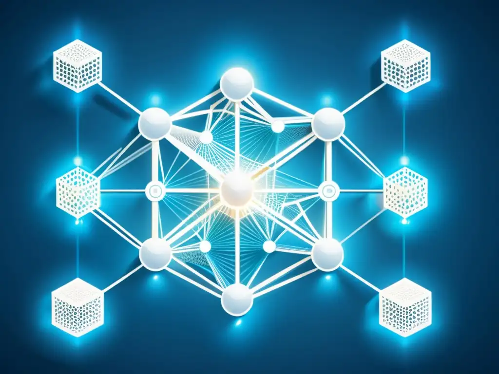 Red de nodos blockchain interconectados en tonos azules y blancos, transmitiendo innovación futurista y la palabra clave 'Interoperabilidad Blockchain plataformas ecommerce'