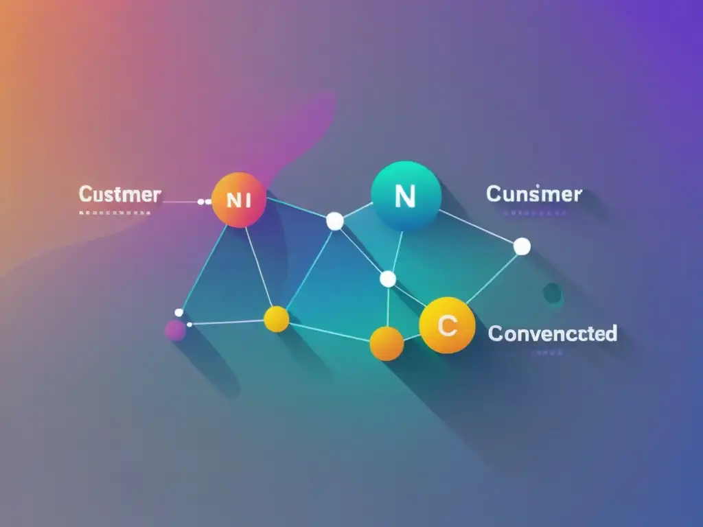 Red de nodos interconectados con análisis de sentimiento en big data commerce, representando la complejidad y flujo de opiniones de clientes