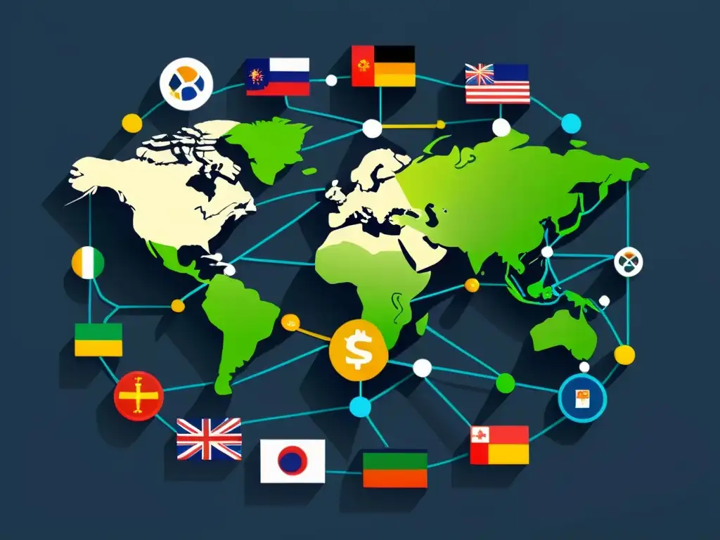 Red de pagos internacionales en tienda virtual: iconos modernos de países y monedas interconectados en una red eficiente y sin complicaciones