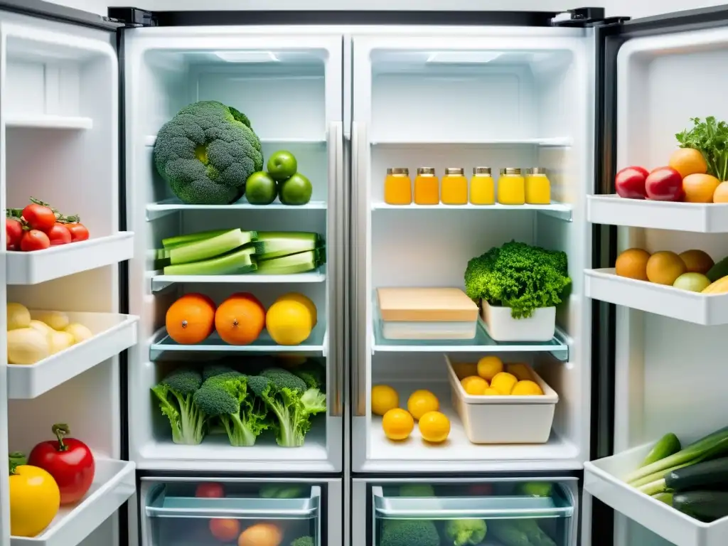 Un refrigerador organizado con ingredientes frescos y etiquetas claras