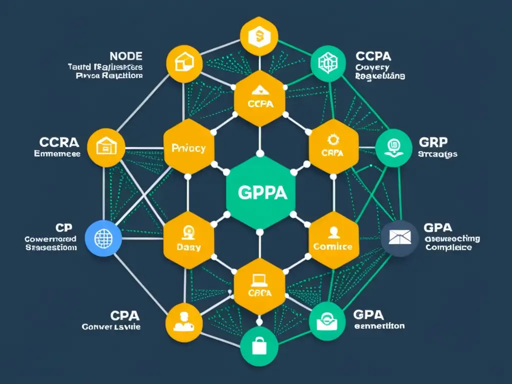 Representación gráfica de regulaciones de privacidad entrelazadas con estrategias CRM en ecommerce, mostrando la compleja intersección