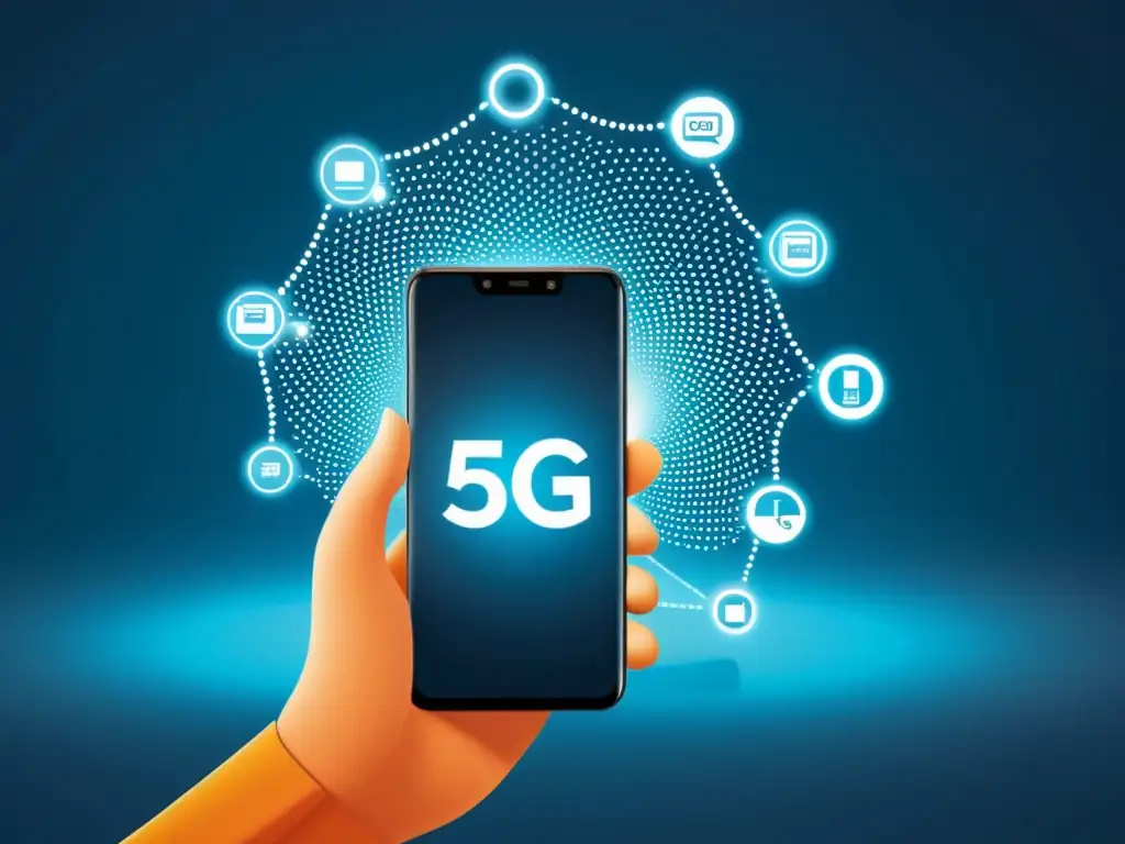 Relación simbiótica entre 5G y IoT en ecommerce: Ilustración minimalista de smartphone 5G interactuando con dispositivos IoT en entorno moderno