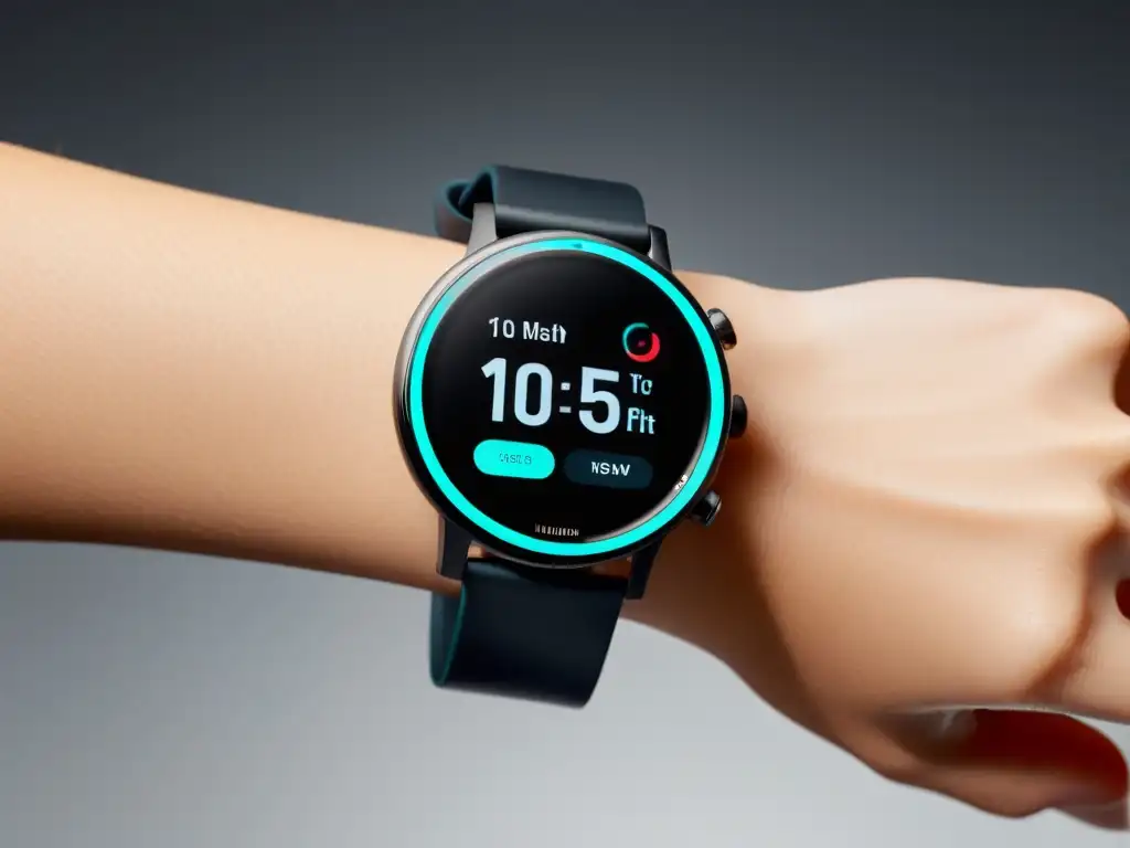 Reluciente smartwatch negro mate con pantalla digital personalizable que muestra datos de salud y notificaciones de una tienda de moda