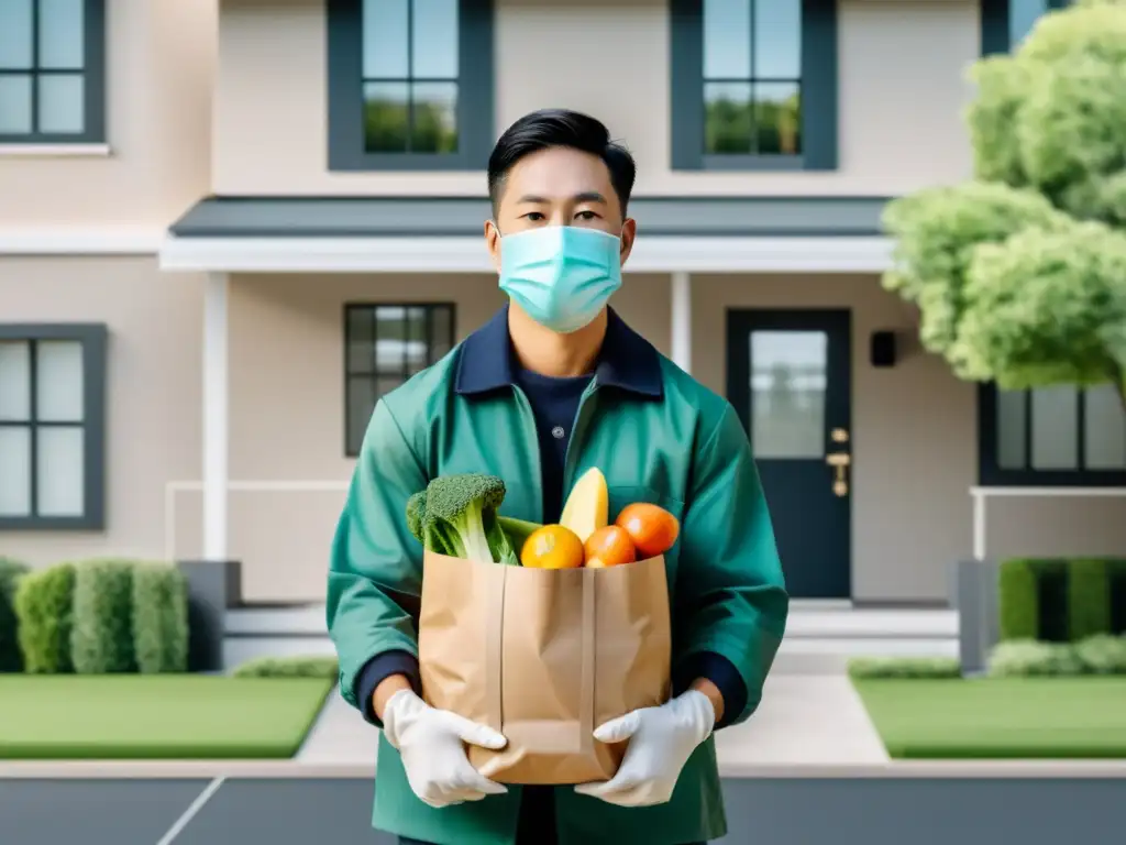 Un repartidor de alimentos con mascarilla y guantes realiza una entrega contactless frente a una casa