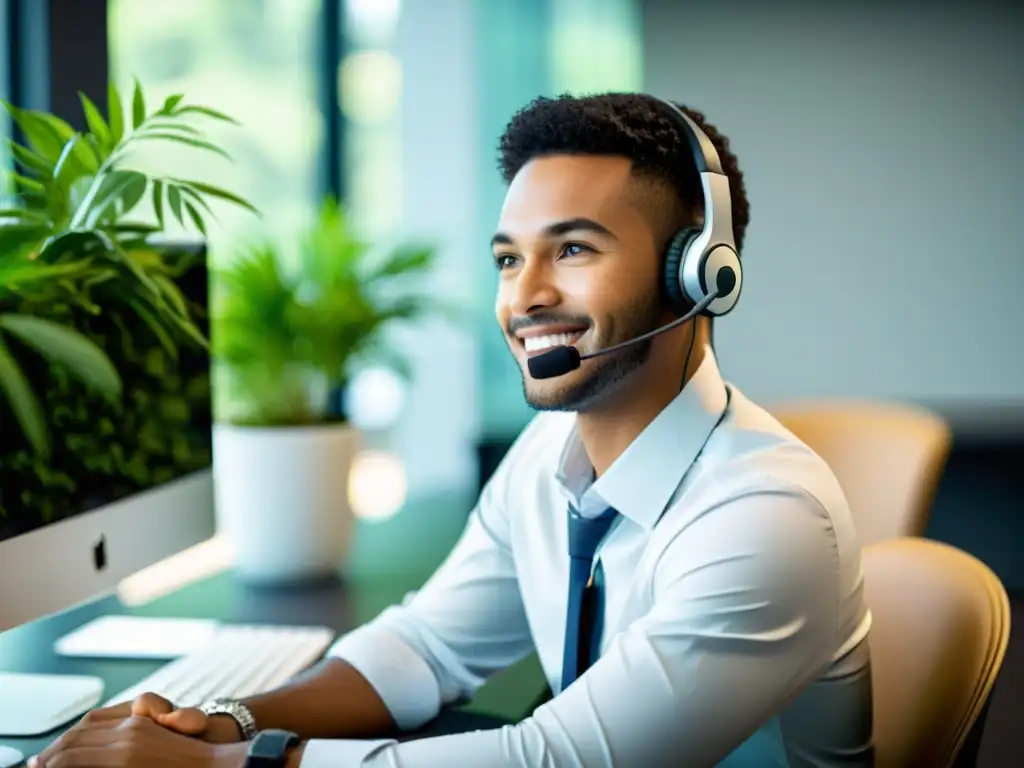 Representante de servicio al cliente con auriculares en una oficina moderna, brinda apoyo en derechos digitales en comercio electrónico