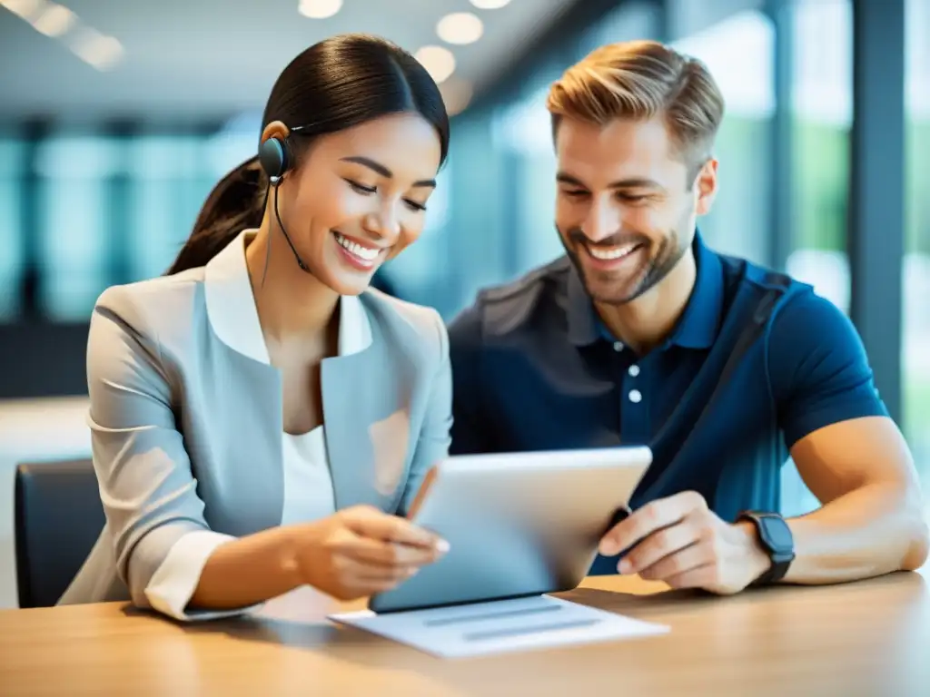 Representante de servicio al cliente sonriente ayuda a completar un formulario en tablet