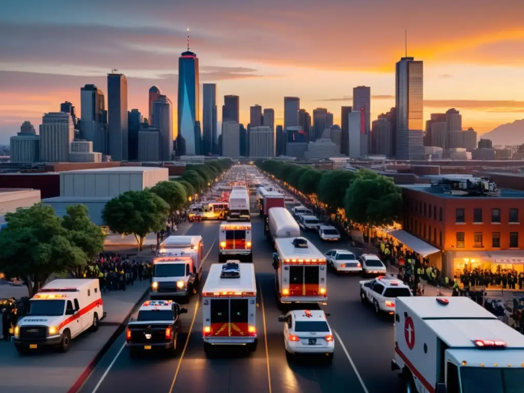 El resplandor cálido del atardecer ilumina la ciudad en plena acción, con vehículos de emergencia y camiones de suministro moviéndose entre edificios