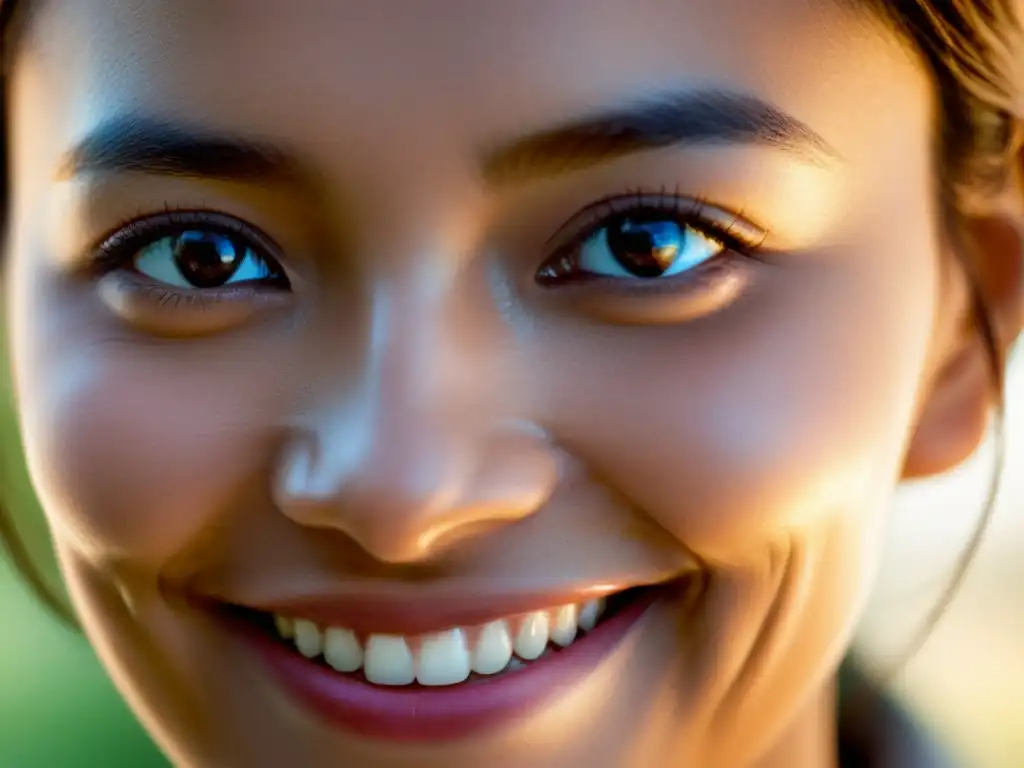 Retrato detallado de una persona con una sutil sonrisa y mirada de satisfacción, proyectando calma y positividad